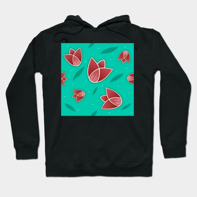 Tulips pattern in turquoise background Hoodie by HariniArts